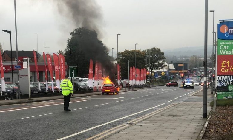Today (October 21), a car caught fire on a major road in Bury town center.