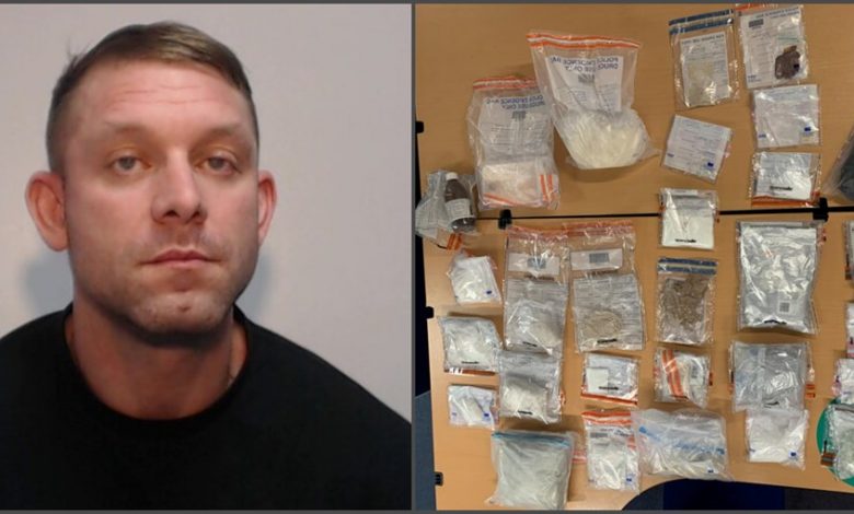 A man has been jailed after officers raided property stocked with £200,000 worth of class A and B drugs