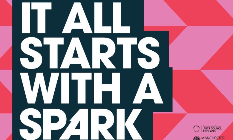 It all starts with a spark poster - big white letters on a pink background
