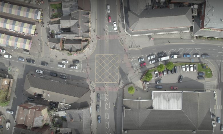 Birdseye view image of queuing traffic at the Stockport Road junction.