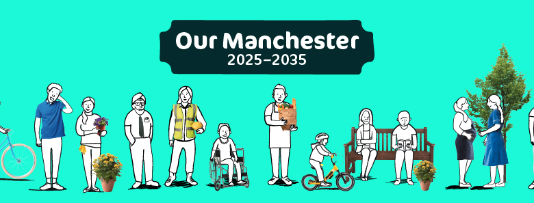 Black font on a turquoise background that reads Our Manchester 2025-2035