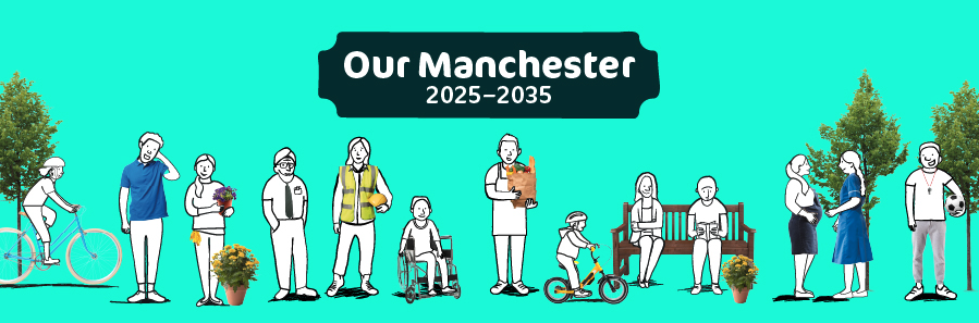 Black font on a turquoise background that reads Our Manchester 2025-2035