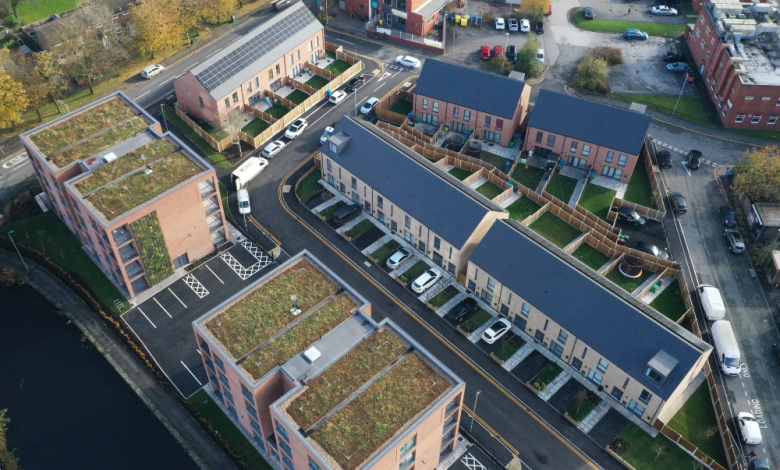 Aerial shot of the new social housing development in Newton Heath