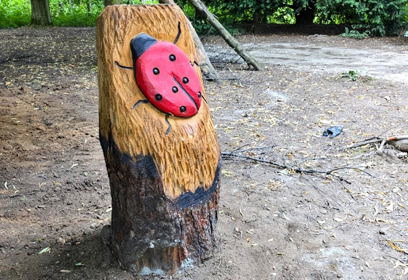 A wood sculpture of a ladybird