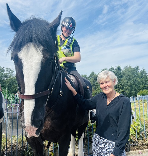 Greater Manchester Deputy Mayor for Safer and Stronger Communities, Kate Green with police horse Ebenezer 