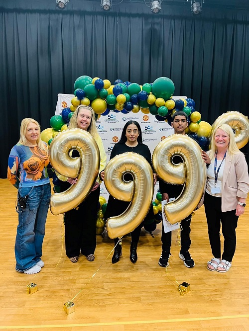 Deputy leader Cllr Elaine Taylor and Council Leader Cllr Arooj Shah with Hassan at The Waterhead Academy