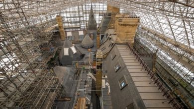 Big part of Town Hall to re-emerge as temporary roof removed by crane